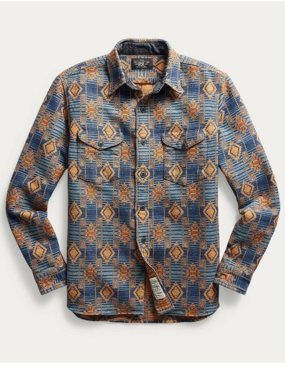 RRL Ralph Lauren Geometric Brushed Jacquard Flannel Workshirt Men’s 2XL XXL Blue